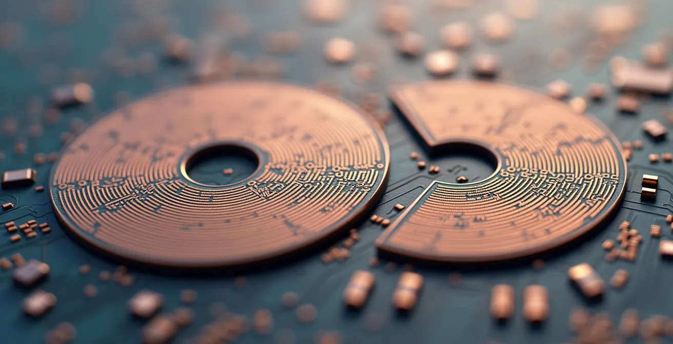 Nahaufnahme einer ovalen Leiterplatte im Vergleich mit einer kreisförmigen, beide vor neutralem Hintergrund positioniert, Makro-Texturdetails der Kupferschichten sichtbar.