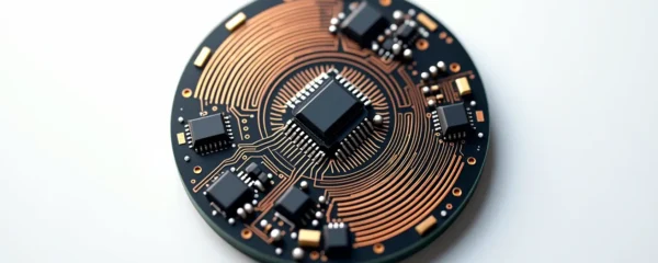 Eine zirkulär geformte, schlanke Leiterplatte mit mikrominiaturisierten Komponenten, fotografiert von oben mit weichem, diffusem Licht, die Kupferleiterbahnen glänzen subtil.