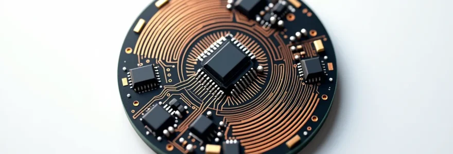 Eine zirkulär geformte, schlanke Leiterplatte mit mikrominiaturisierten Komponenten, fotografiert von oben mit weichem, diffusem Licht, die Kupferleiterbahnen glänzen subtil.