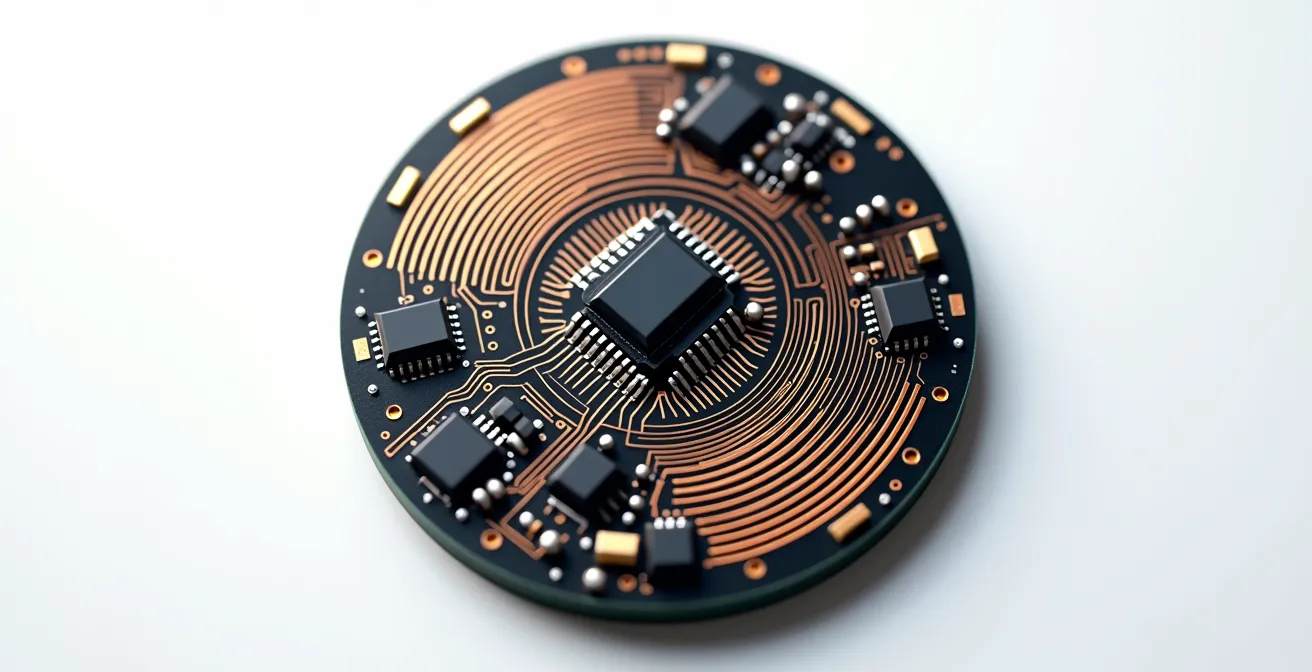 Eine zirkulär geformte, schlanke Leiterplatte mit mikrominiaturisierten Komponenten, fotografiert von oben mit weichem, diffusem Licht, die Kupferleiterbahnen glänzen subtil.