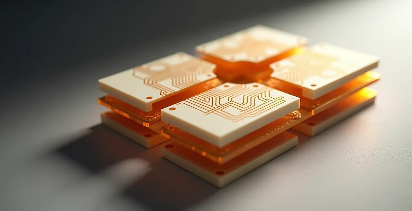 Ein Querschnitt einer Starr-Flex-Leiterplatte zeigt Polyimidschichten und FR4-Kernmaterial in optischer Anordnung, Beleuchtung hebt Schichtübergänge hervor.