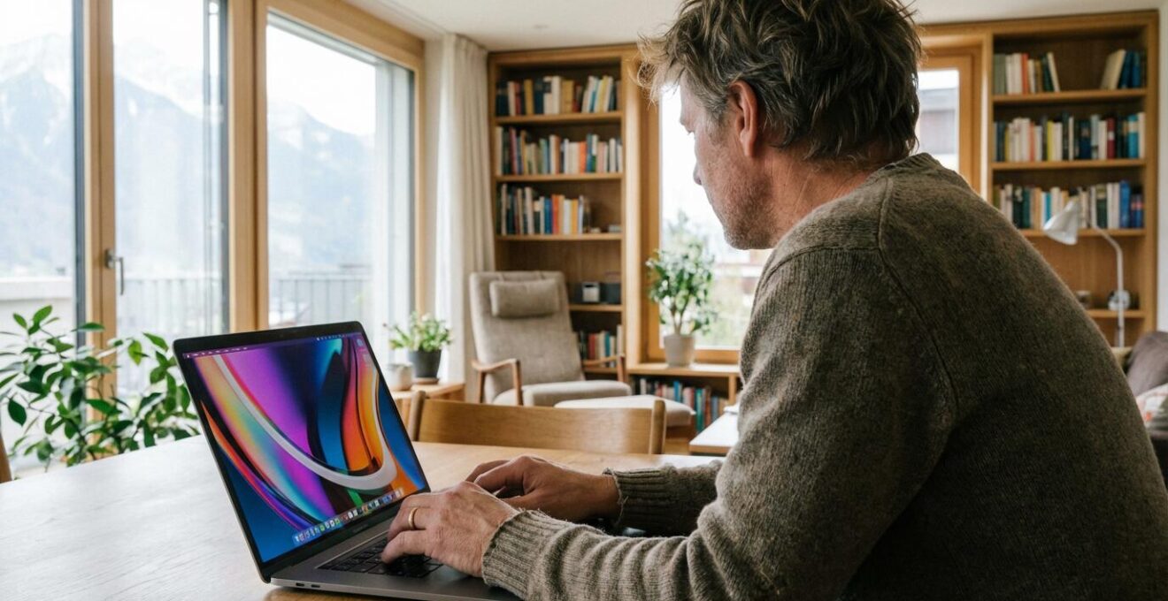 Eigentümer analysiert Immobilienbewertung am Laptop im Schweizer Wohnzimmer