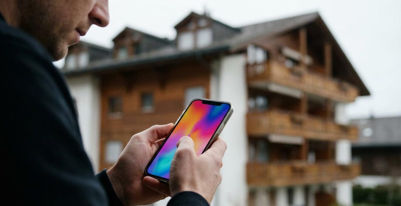 Smartphone zeigt Immobilienschätzung vor Schweizer Wohnhaus